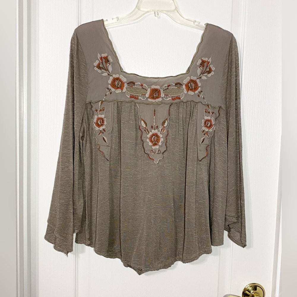 Free People Embroidered Floral Flowy Blouse Taupe Size Medium
